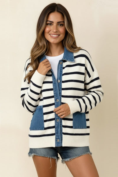 JOSIE STRIPED CARDIGAN SWEATER - IVORY/BLACK
