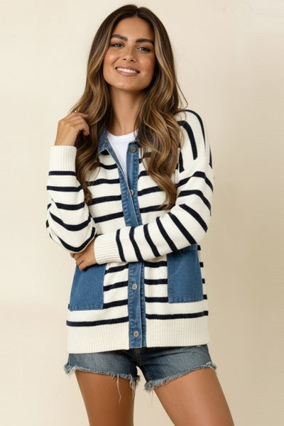 JOSIE STRIPED CARDIGAN SWEATER - IVORY/BLACK