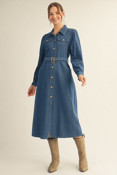 WAIST BELTED BUTTON DOWN DENIM MIDI DRESS