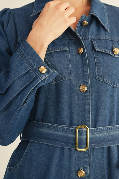 WAIST BELTED BUTTON DOWN DENIM MIDI DRESS