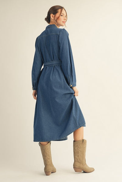 WAIST BELTED BUTTON DOWN DENIM MIDI DRESS
