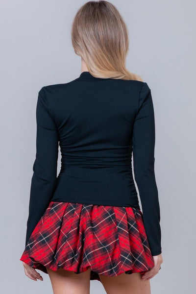 RUNCHED SQUARE NECK LONG SLEEVE TOP  - BLACK