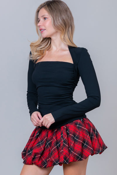 RUNCHED SQUARE NECK LONG SLEEVE TOP  - BLACK