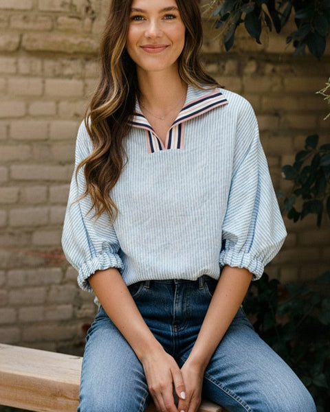 AMY TAPED COLLAR DOLMAN SLEEVE WOVEN TOP - BLUE - Salty Lime Boutique