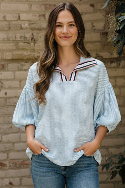 AMY TAPED COLLAR DOLMAN SLEEVE WOVEN TOP - BLUE - Salty Lime Boutique