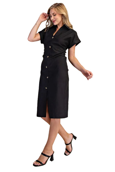 GEORGIA DRESS - BLACK Lapel Collar V-neck Midi Shirt Dress GD8750 BLACK - Salty Lime Boutique
