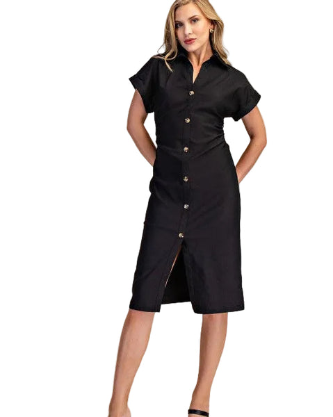 GEORGIA DRESS - BLACK Lapel Collar V-neck Midi Shirt Dress GD8750 BLACK - Salty Lime Boutique