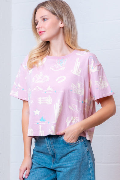WESTERN PRINTED SHORT SLEEVE TEE - LT PINK
