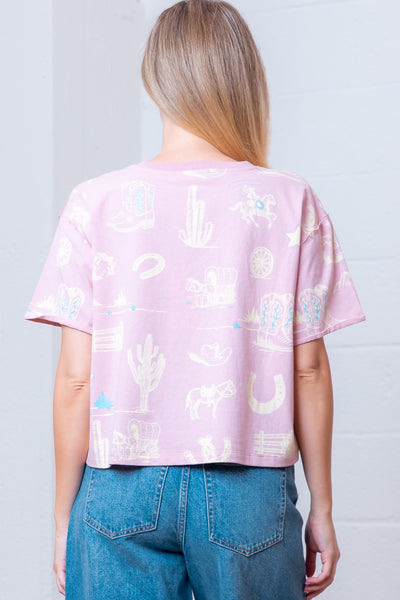 WESTERN PRINTED SHORT SLEEVE TEE - LT PINK