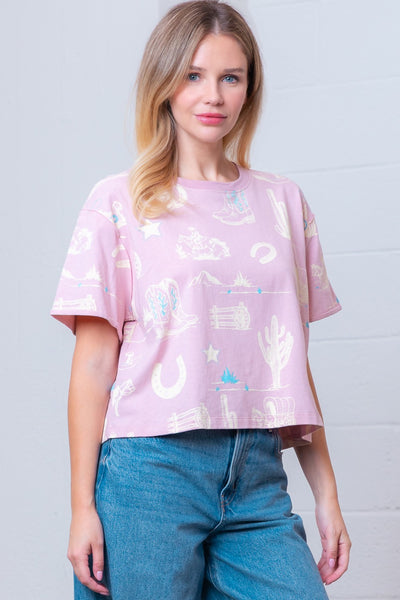 WESTERN PRINTED SHORT SLEEVE TEE - LT PINK