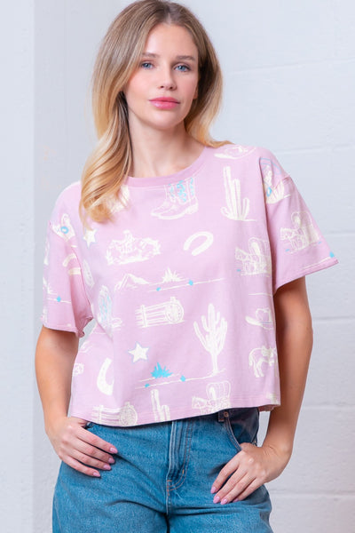 WESTERN PRINTED SHORT SLEEVE TEE - LT PINK