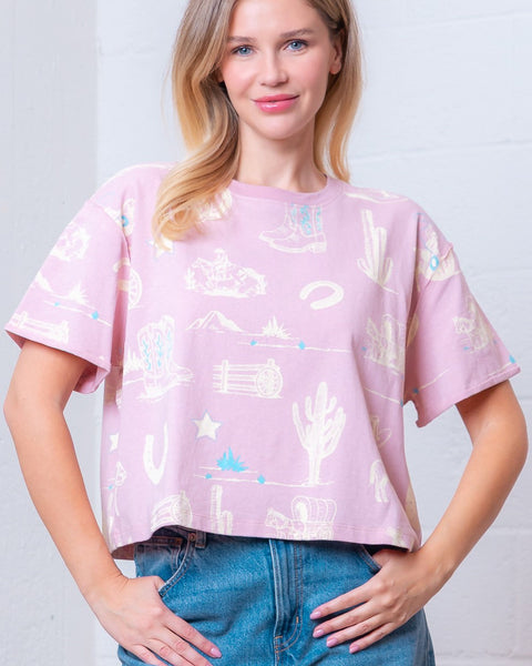 WESTERN PRINTED SHORT SLEEVE TEE - LT PINK