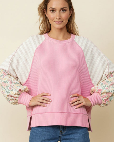 BRIANNA FLORAL COLOR BLOCK KNIT TOP - PINK