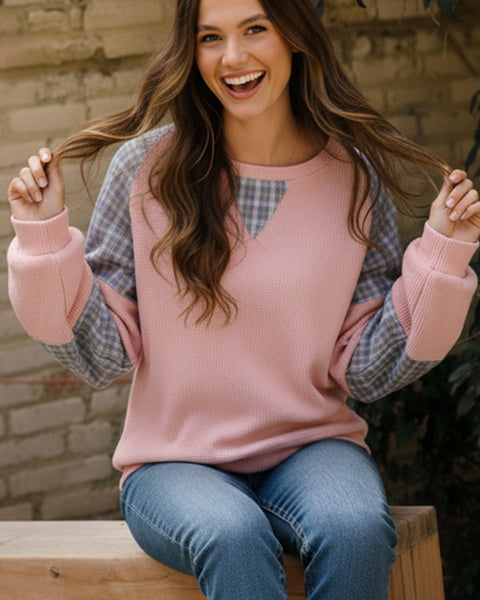Thermal Plaid Woven Loose Fit Pullover Top - PINK - Salty Lime Boutique