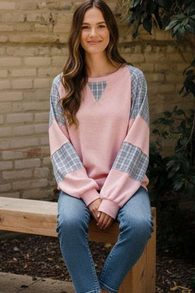 Thermal Plaid Woven Loose Fit Pullover Top - PINK - Salty Lime Boutique