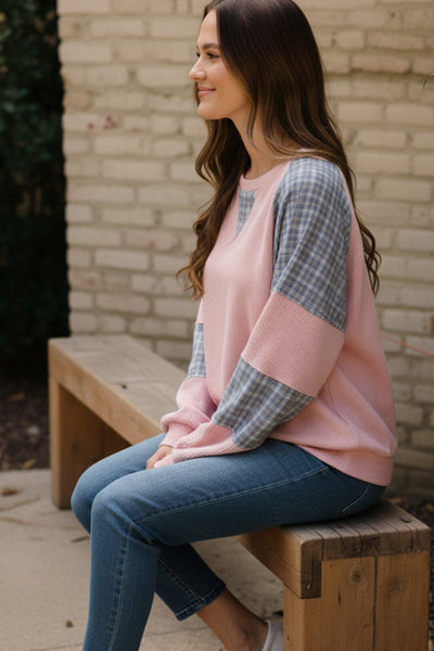 Thermal Plaid Woven Loose Fit Pullover Top - PINK - Salty Lime Boutique
