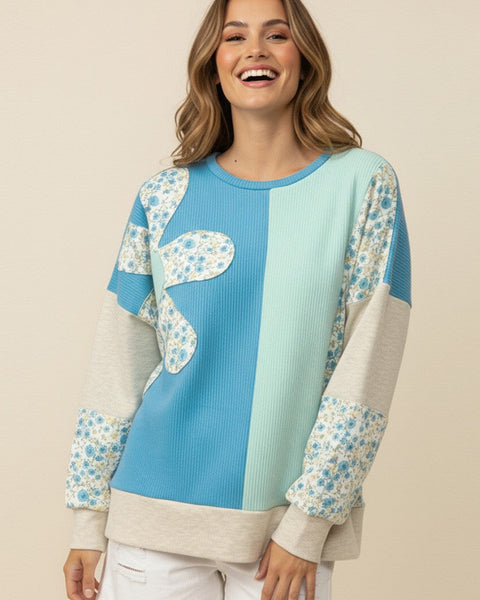 TRISTIN FLORAL PRINT COLOR BLOCKED LONG SLEEVE TOP - AQUA/MINT