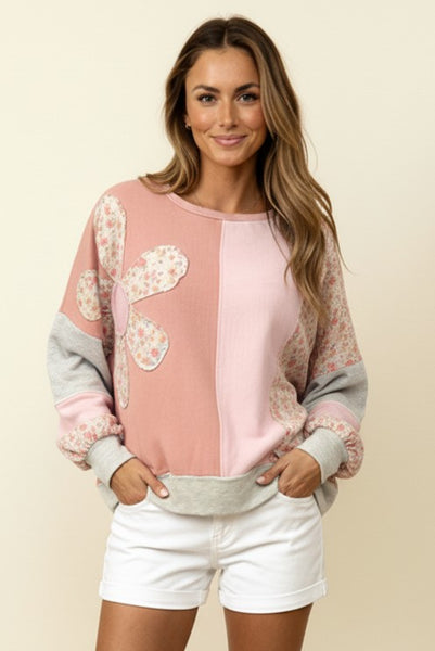 TRISTIN FLORAL PRINT COLOR BLOCKED LONG SLEEVE TOP - PINK - Salty Lime Boutique