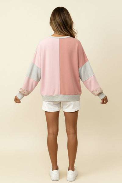 TRISTIN FLORAL PRINT COLOR BLOCKED LONG SLEEVE TOP - PINK - Salty Lime Boutique