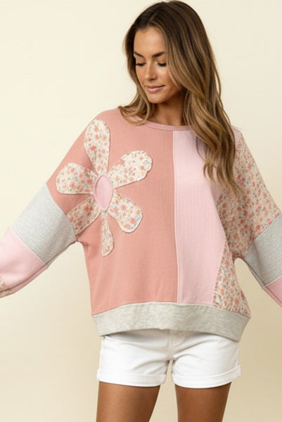 TRISTIN FLORAL PRINT COLOR BLOCKED LONG SLEEVE TOP - PINK - Salty Lime Boutique