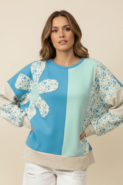 TRISTIN FLORAL PRINT COLOR BLOCKED LONG SLEEVE TOP - AQUA/MINT
