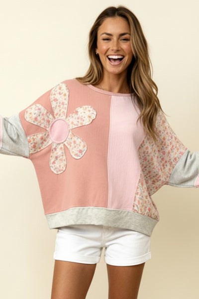 TRISTIN FLORAL PRINT COLOR BLOCKED LONG SLEEVE TOP - PINK - Salty Lime Boutique