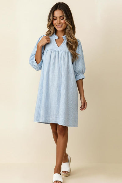 SPRING IS IN THE AIR  FRILLED NOTCH NECK YOKE BUBBLE SHORT SLEEVE SHIFT DRESS- REG/CURVY - Salty Lime Boutique