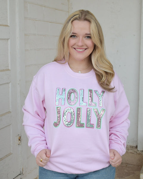 HOLLY JOLLY SEQUINS PATCH SWEATSHIRT - LT. PINK