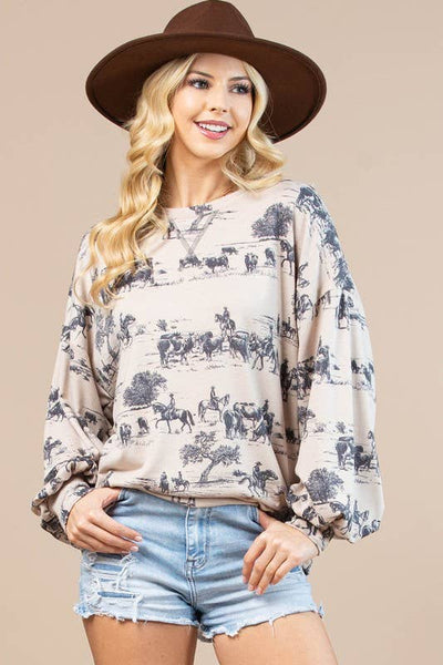 HAILEY WESTERN PRINT SWEATSHIRT - KHAKI/CHARCOAL