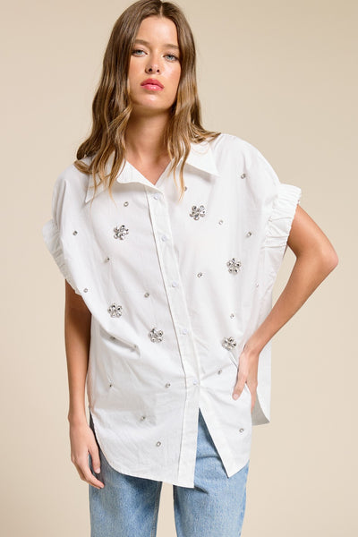 ISABELLE TOP SHORT SLEEVE POPLIN TOP WITH CRYSTALS - 2 COLORS - Salty Lime Boutique