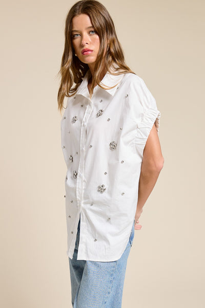 ISABELLE TOP SHORT SLEEVE POPLIN TOP WITH CRYSTALS - 2 COLORS - Salty Lime Boutique