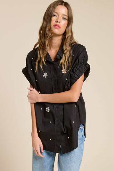 ISABELLE TOP SHORT SLEEVE POPLIN TOP WITH CRYSTALS - 2 COLORS - Salty Lime Boutique