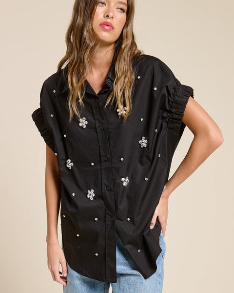 ISABELLE TOP SHORT SLEEVE POPLIN TOP WITH CRYSTALS - 2 COLORS - Salty Lime Boutique