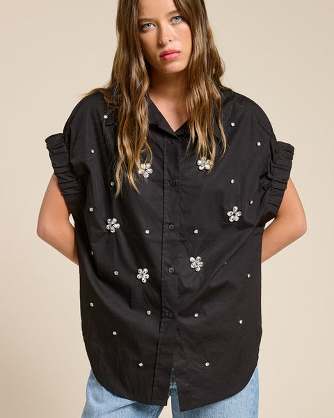 ISABELLE TOP SHORT SLEEVE POPLIN TOP WITH CRYSTALS - 2 COLORS - Salty Lime Boutique