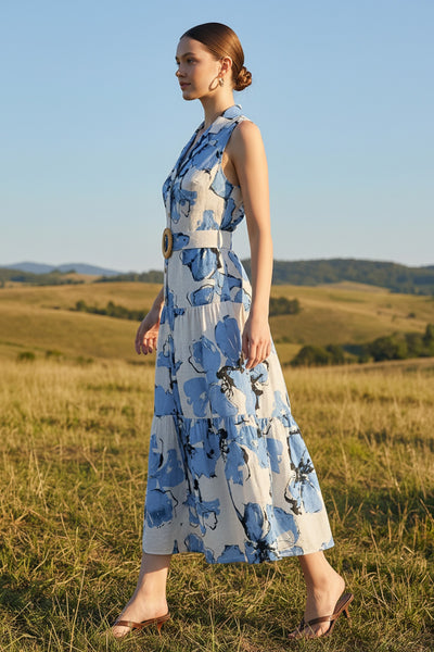 Printed Sleeveless Long Dress With Belt WD77099T - Salty Lime Boutique
