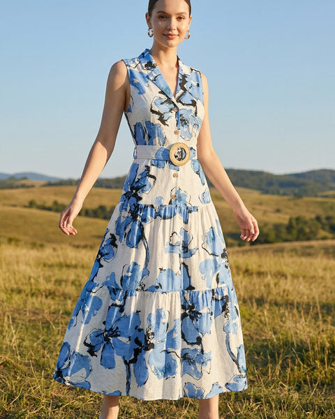 Printed Sleeveless Long Dress With Belt WD77099T - Salty Lime Boutique
