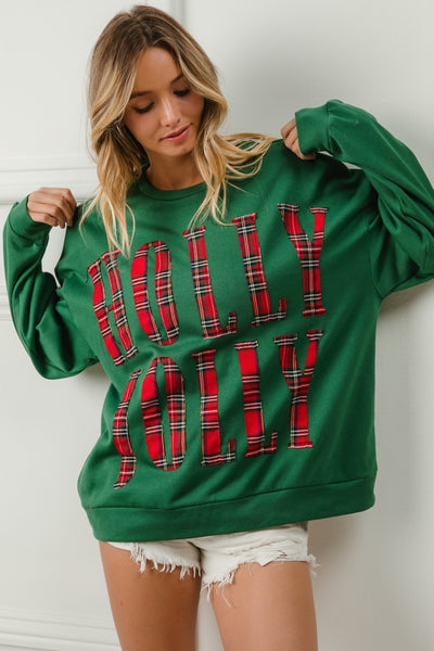 PLAID HOLLY JOLLY CHRISTMAS SWEATSHIRT - DK. GREEN