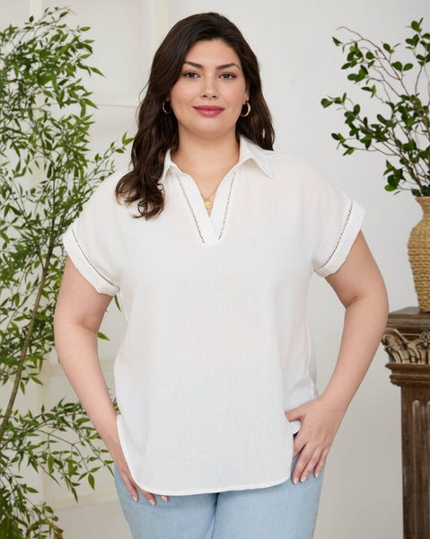 Collared V Neck Short Sleeve Line Lace Top - Reg/Curvy - White - Salty Lime Boutique