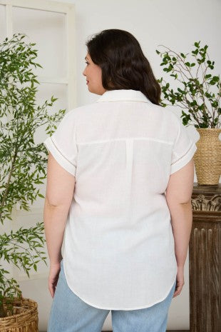Collared V Neck Short Sleeve Line Lace Top - Reg/Curvy - White - Salty Lime Boutique