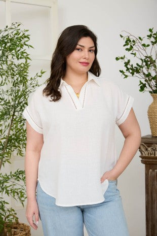 Collared V Neck Short Sleeve Line Lace Top - Reg/Curvy - White - Salty Lime Boutique
