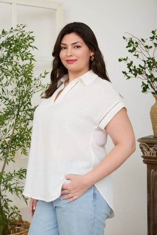 Collared V Neck Short Sleeve Line Lace Top - Reg/Curvy - White - Salty Lime Boutique