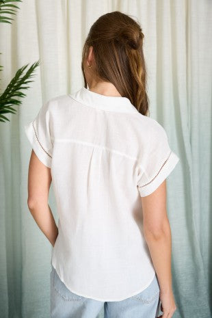 Collared V Neck Short Sleeve Line Lace Top - Reg/Curvy - White - Salty Lime Boutique