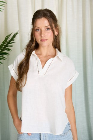 Collared V Neck Short Sleeve Line Lace Top - Reg/Curvy - White - Salty Lime Boutique