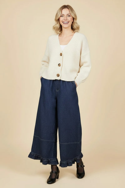 Ruffle Hem Wide Leg Cropped Denim Pants