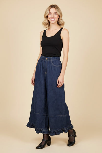 Ruffle Hem Wide Leg Cropped Denim Pants