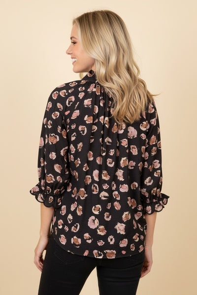 Printed Puff Sleeve Split Neck Blouse