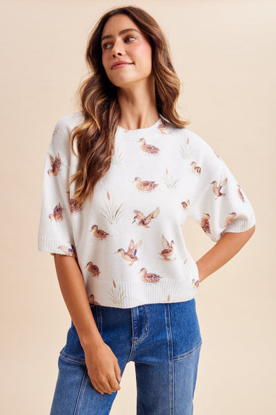 Mallard Print Loose Fit Soft Sweater Top