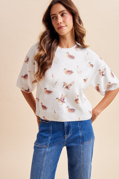 Mallard Print Loose Fit Soft Sweater Top