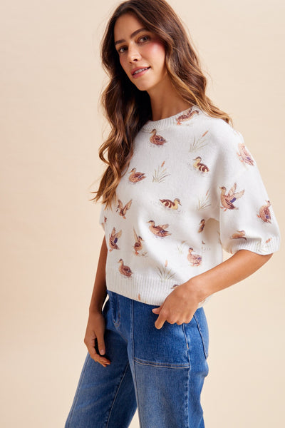 Mallard Print Loose Fit Soft Sweater Top