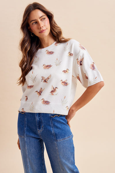 Mallard Print Loose Fit Soft Sweater Top